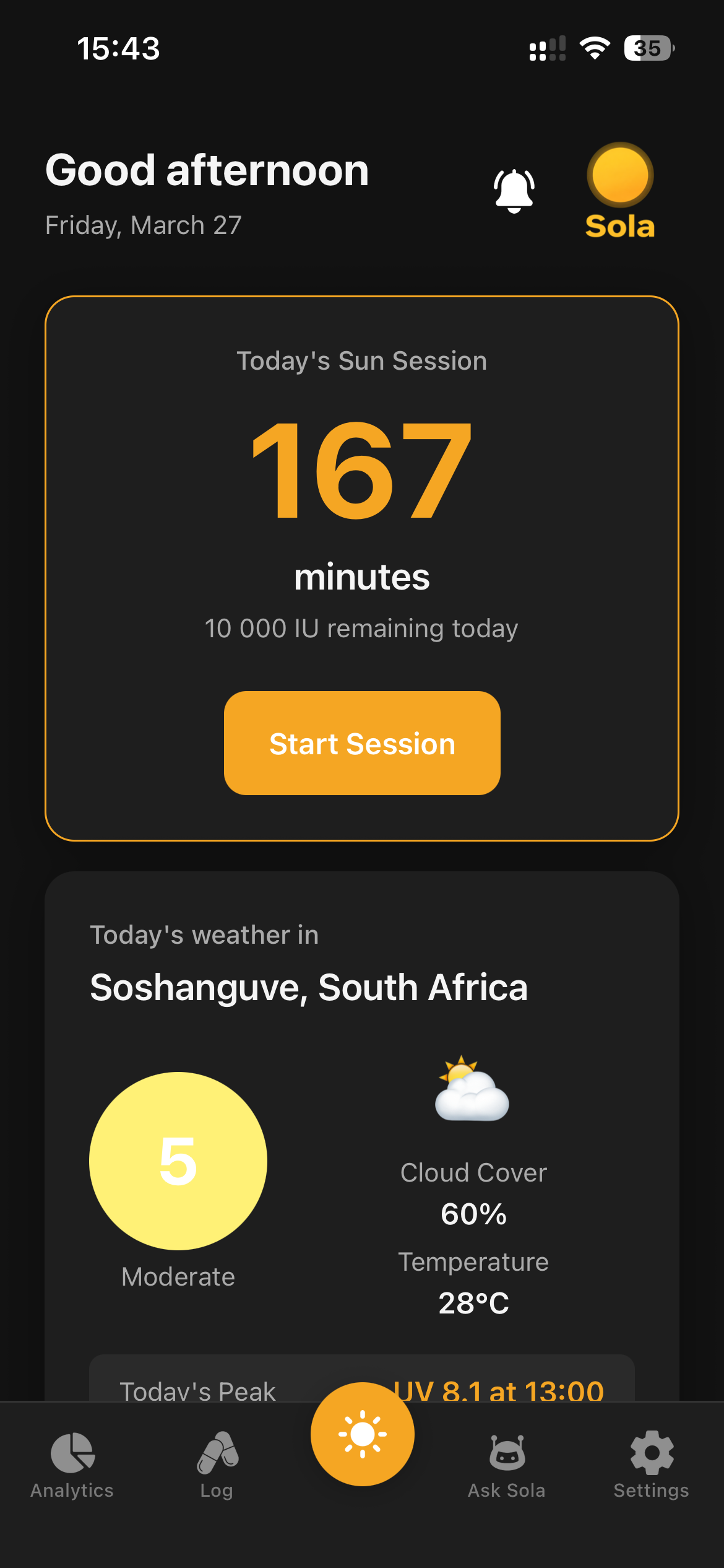 Sola app home screen